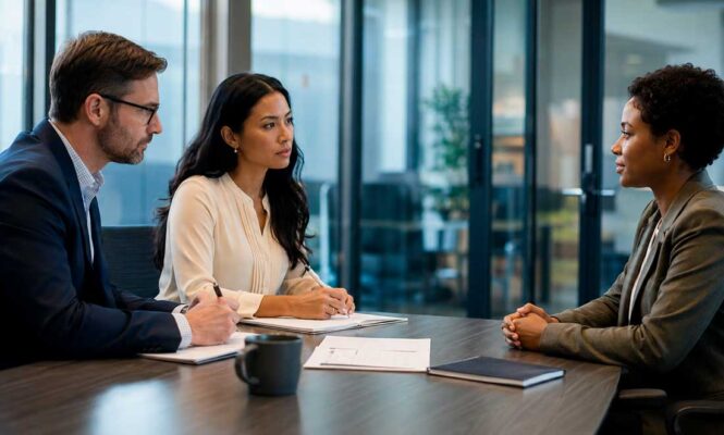 homem e mulher conduzindo uma entrevista de emprego com uma candidata em um escritório de vidro, representando o momento em que a liderança avalia competências reais para a inclusão e a neurodivergência nas empresas