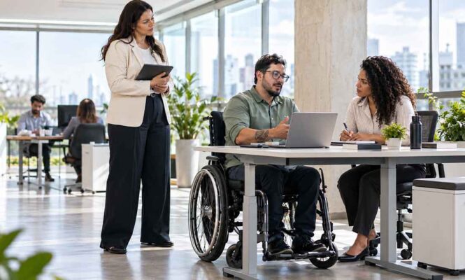 profissional em cadeira de rodas participa de reunião em ambiente corporativo com acessibilidade nas empresas